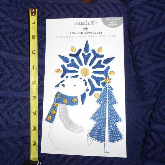 3 Iron-on Appliques Polar Bear Tree Star blue  gold - Picture 1 of 3